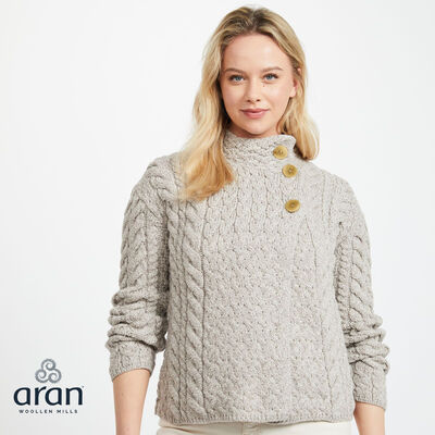 Aran Woollen Mills Ladies Luxury Merino Wool Trellis Multi Aran Cable Knit Cardigan, Oatmeal